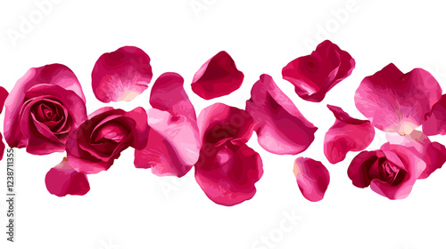 Flying pink rose petals or sakura flower blossom vector on white background, spring floral wedding invitation, Valentine or Mother Day card