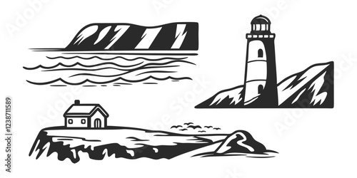Hand-Drawn Seascape with Lighthouse – Coastal Landscape Sketch Illustration