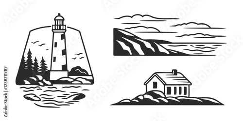 Hand-Drawn Seascape with Lighthouse – Coastal Landscape Sketch Illustration