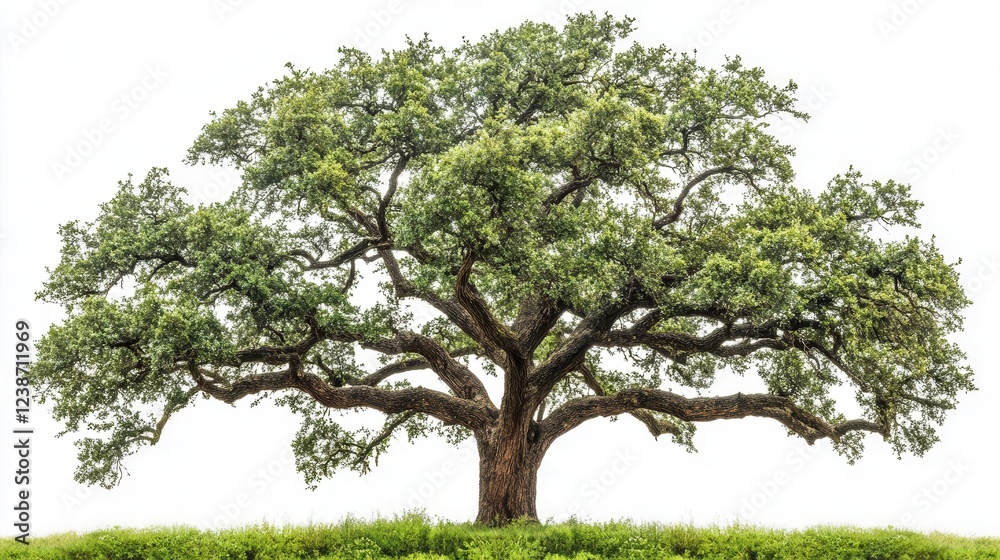 Obraz premium majestic ancient oak tree with sprawling branches and dense canopy, isolated on white background, showcasing intricate bark texture and lush green foliage