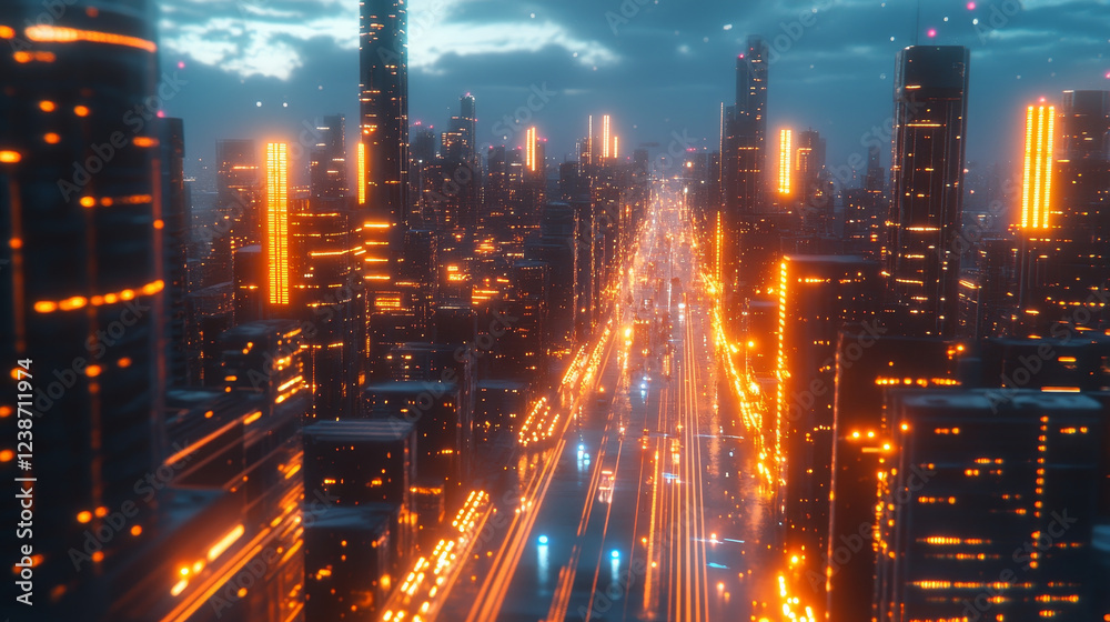 Fototapeta premium Futuristic city skyline with glowing buildings and vibrant lights