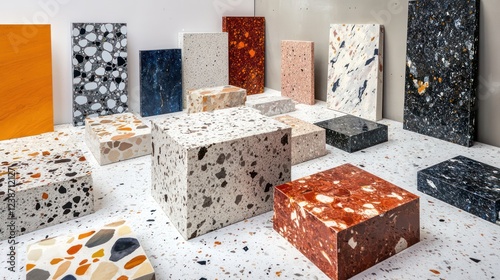Various panels arranged on a white terrazzo texture with colorful stone-like patterns peeking through.
