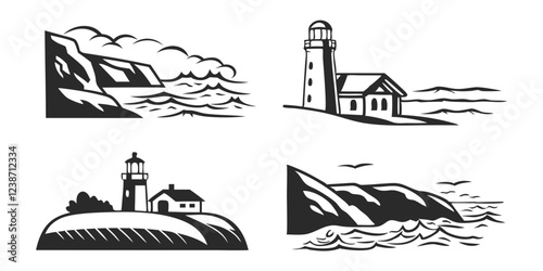 Hand-Drawn Seascape with Lighthouse – Coastal Landscape Sketch Illustration