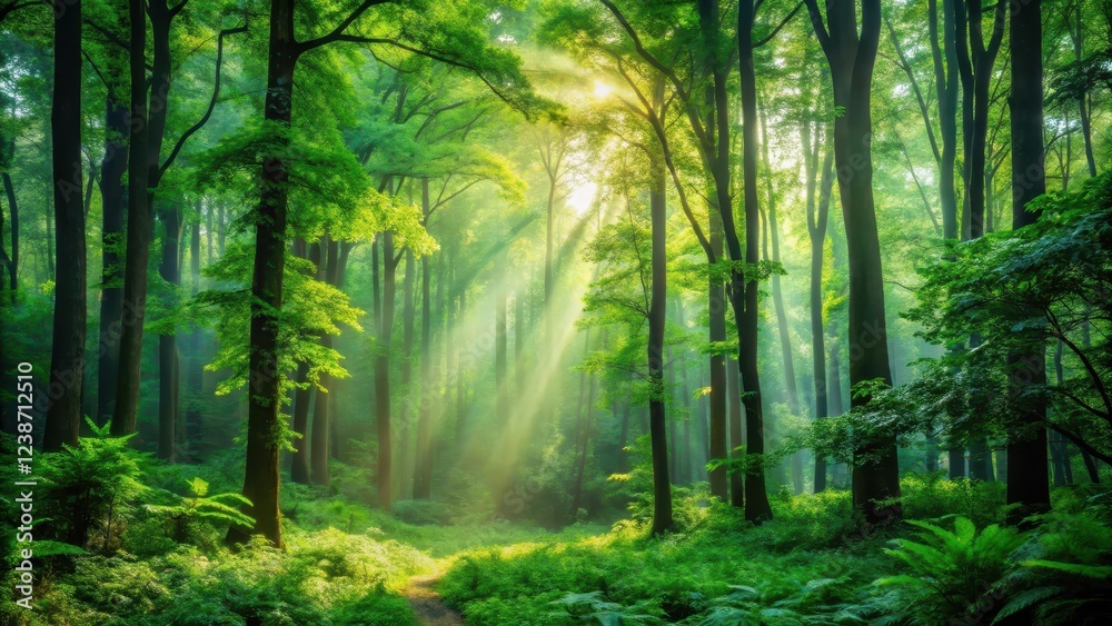 Fototapeta premium A serene forest enveloped in lush greenery with towering trees and vibrant foliage, creating a tranquil atmosphere