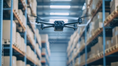 Modern warehouse utilizing drone technology for efficient inventory management, optimizing logistics and streamlining operations in a technologically advanced setting photo