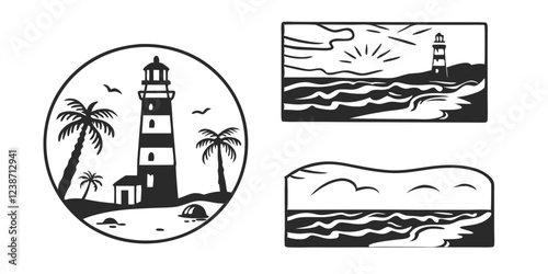 Hand-Drawn Seascape with Lighthouse – Coastal Landscape Sketch Illustration