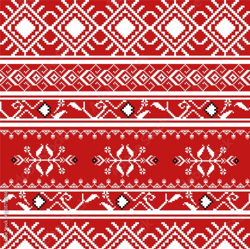 Wallpaper Mural Traditional Ukrainian cross-stitch pattern with pixelated floral and geometric designs, predominantly in red and black. Characteristic of Ukrainian folk art, embroidery for clothing and home decor. Torontodigital.ca