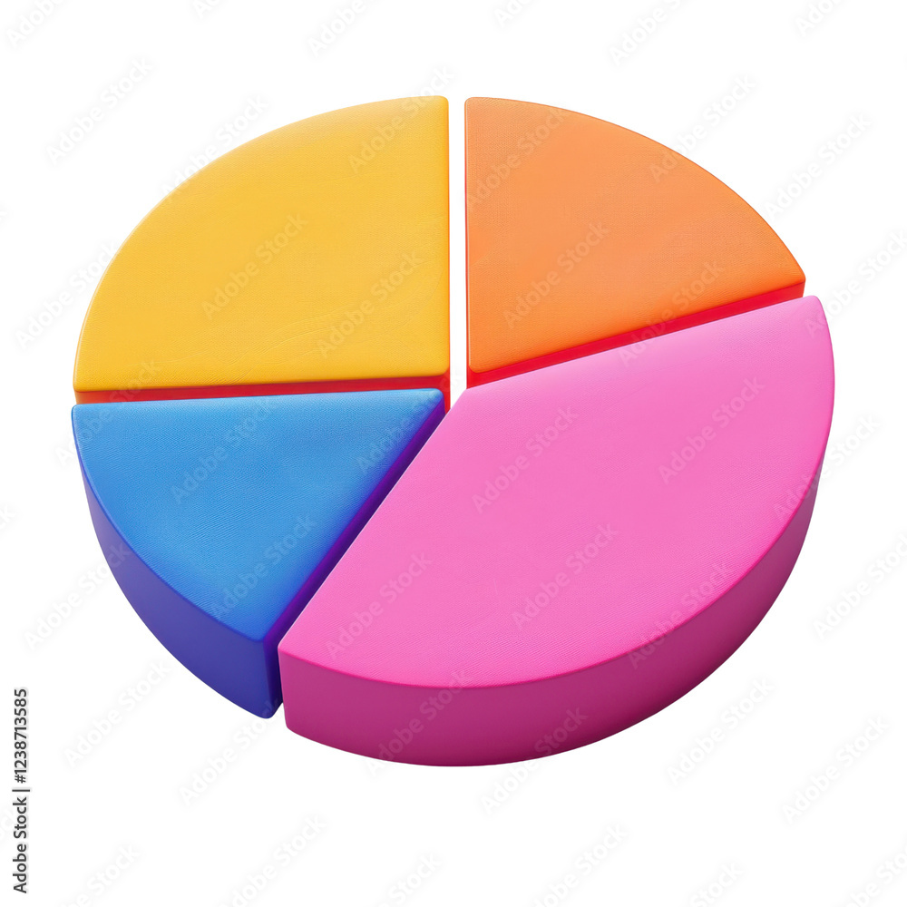 Obraz premium Colorful pie chart with four segments in yellow, orange, blue, and pink, representing data visualization and analysis