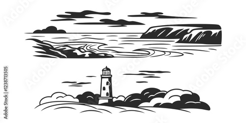 Hand-Drawn Seascape with Lighthouse – Coastal Landscape Sketch Illustration