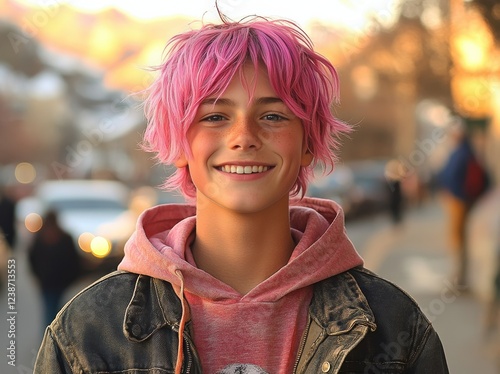 A young man with pink hair is smiling and wearing a pink hoodie photo