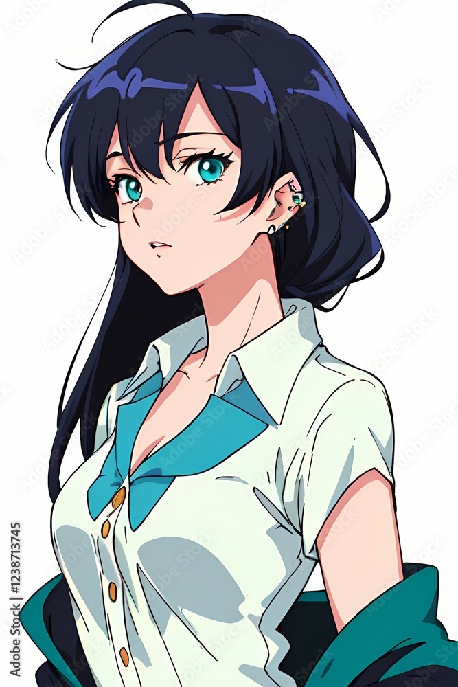 Strikingly fierce with vibrant turquoise eyes and sleek flowing hair, this anime character exudes confidence in her crisp white shirt and stylish ear accessories Strikingly fierce with vibrant turquoise eyes and sleek flowing hair, this anime character exudes confidence in her crisp white shirt and stylish ear accessories
