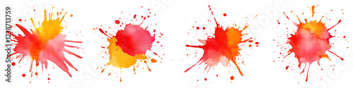 Bold red and orange watercolor splatters create dynamic and vibrant composition
