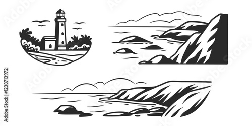 Hand-Drawn Seascape with Lighthouse – Coastal Landscape Sketch Illustration