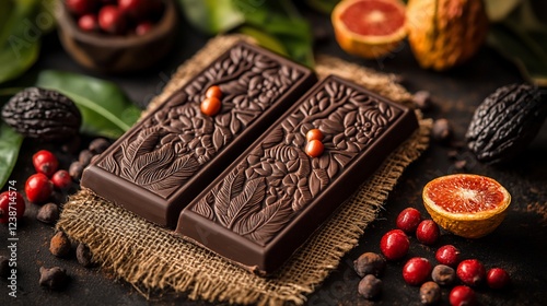 Two artisan dark chocolate bars with cranberries and blood oranges.