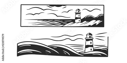 Hand-Drawn Seascape with Lighthouse – Coastal Landscape Sketch Illustration