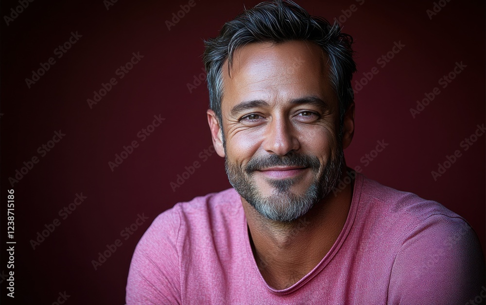 Obraz premium A man with a pink shirt and a beard is smiling