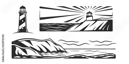 Hand-Drawn Seascape with Lighthouse – Coastal Landscape Sketch Illustration