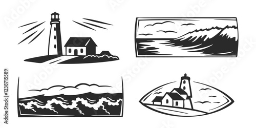 Hand-Drawn Seascape with Lighthouse – Coastal Landscape Sketch Illustration