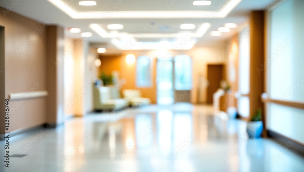 Fototapeta premium Abstract blur luxury hospital corridor. Blur clinic interior background with defocused effect. Healthcare and medical concept 
