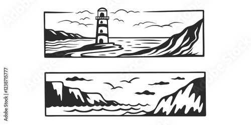 Hand-Drawn Seascape with Lighthouse – Coastal Landscape Sketch Illustration