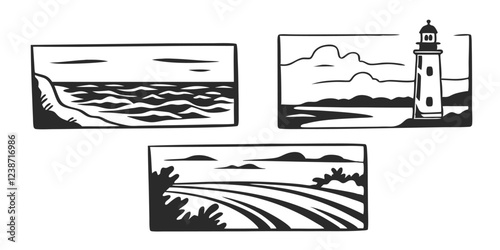 Hand-Drawn Seascape with Lighthouse – Coastal Landscape Sketch Illustration