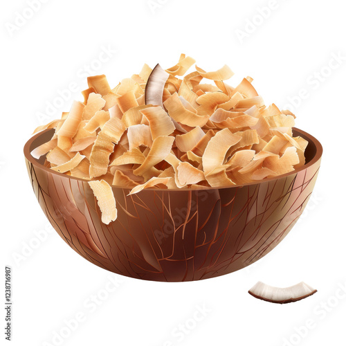 Delicious coconut flakes in wooden bowl, perfect for baking or snacking. These natural, healthy ingredients add flavor and texture to various dishes photo