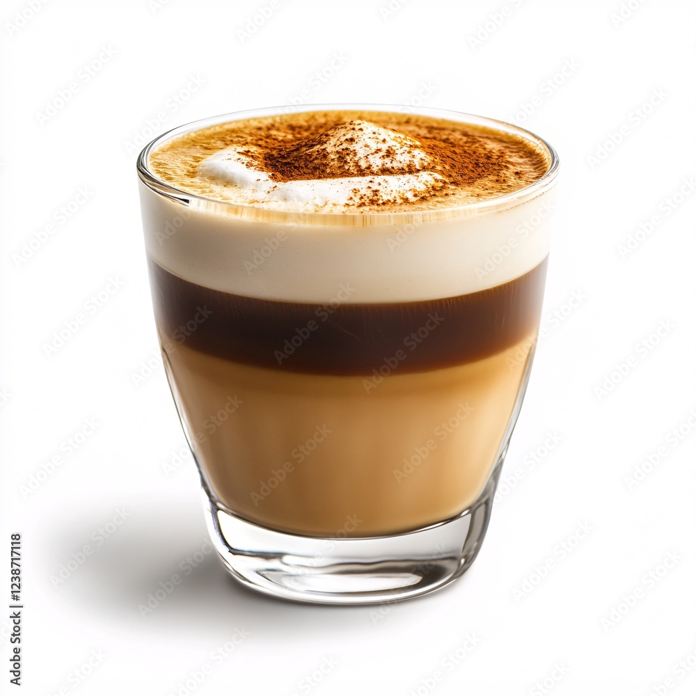 A rich macchiato with a defined separation between dark espresso and frothy milk foam, served in a small glass cup, with a white background A rich macchiato with a defined separation between dark espresso and frothy milk foam, served in a small glass cup, with a white background