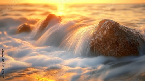 Golden hour waves crash over coastal rocks creating a stunning serene seascape at sunset