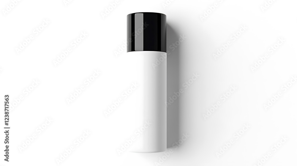 A white bottle with a black cap is displayed. A white bottle with a black cap is displayed.