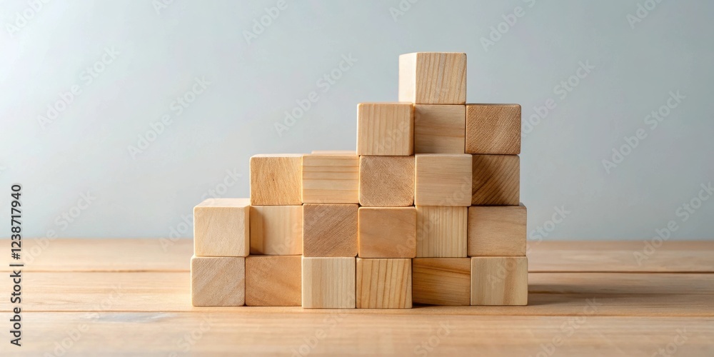 Wooden blocks forming an ascending structure on a wooden surface Wooden blocks forming an ascending structure on a wooden surface