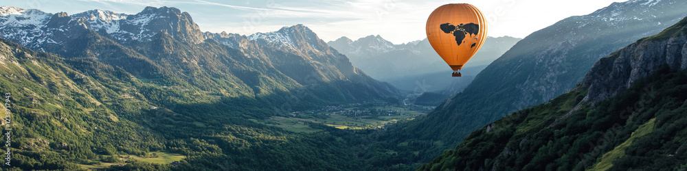 Hot Air Balloon over Mountain Valley Landscape Hot Air Balloon over Mountain Valley Landscape