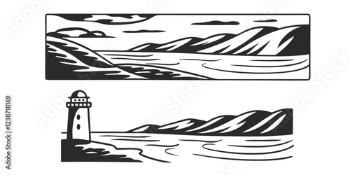 Hand-Drawn Seascape with Lighthouse – Coastal Landscape Sketch Illustration