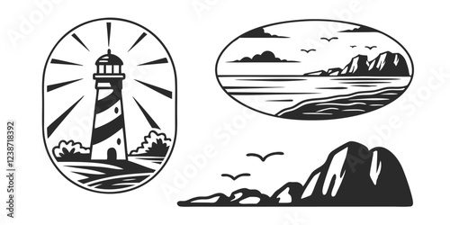 Hand-Drawn Seascape with Lighthouse – Coastal Landscape Sketch Illustration