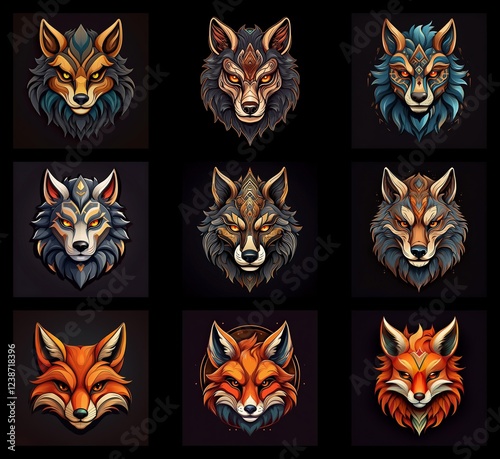 A collection of nine stylized wolf and fox head illustrations. Each design features intricate patterns and vibrant color palettes, creating a mystical and captivating aesthetic. photo