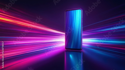Futuristic smartphone with vibrant glowing light streaks on a dark background technology digital device