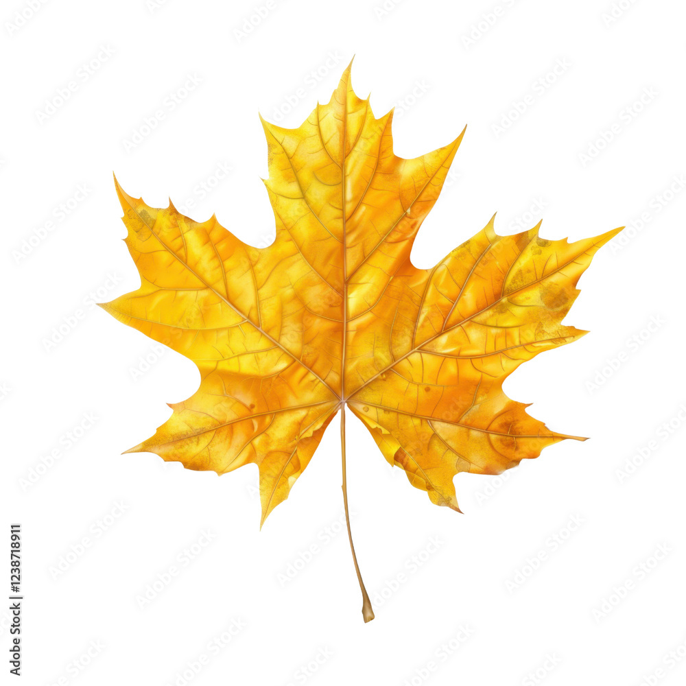 Obraz premium Golden maple leaf showcasing vibrant autumn colors, highlighting intricate veins and textures, perfect for seasonal themes and nature inspired designs