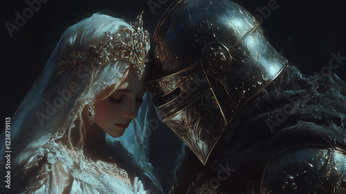A close-up of a sad bride in a wedding veil embracing a knight in black armor