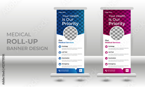 Healthcare and medical agency Corporate roll up banner design or pull up banner template and stand design, advertisement, flyer design, display vector illustration.