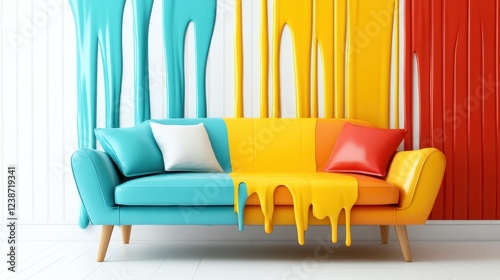 A stunning abstract piece featuring a sofa with vivid color drips, harmonizing beautifully with the unique wall art, creating a captivating visual impact.