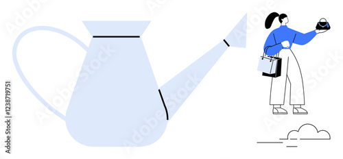 Woman in blue holding shopping bags, giant watering can symbolizing nurturing growth, small clouds. Ideal for growth, nurturing, shopping, environment, minimalism, balance lifestyle concepts