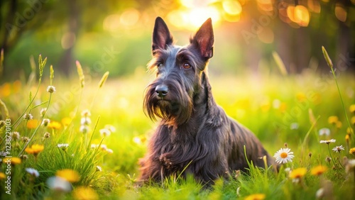 Scottish Terrier sitting regally on a lush green grassy field with a serene expression, enjoying the warmth of sunlight and surrounded by wildflowers , calm, scottish terrier photo