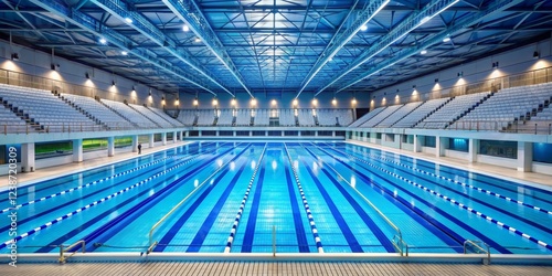 Blue Lanes A Glimpse into the Empty Indoor Swimming Pool with Bleachers