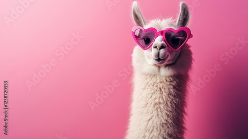 whimsical llama wearing retro heart-shaped sunglasses against millennial pink background, pop art style with bold shadows photo