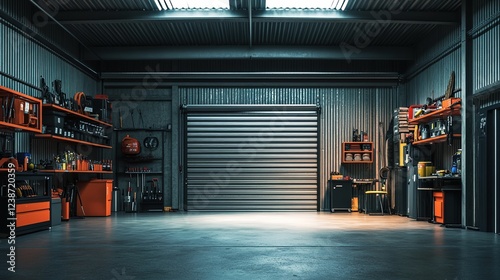 A wide-angle view of an industrial garage with high ceilings and a steel door, showcasing shelves filled with tools, and an open double roller shutter door at the back.  photo