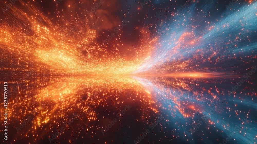 Abstract Cosmic Energy Flow with Reflection Orange and Blue Sparks Background Abstract Cosmic Energy Flow with Reflection Orange and Blue Sparks Background