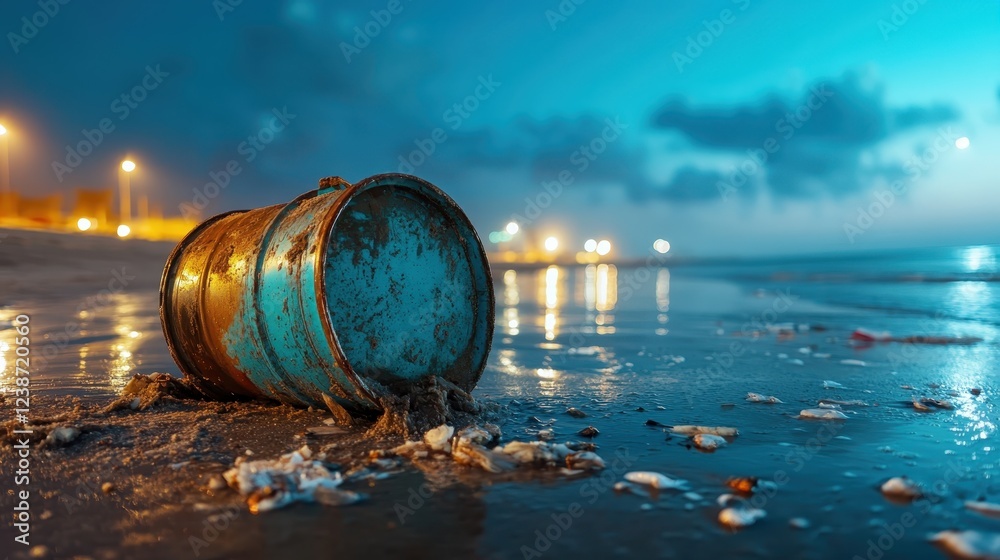 A striking image showcasing a rusty bucket lying on the shore, surrounded by garbage, reflecting the consequences of human neglect towards our beautiful coastlines. A striking image showcasing a rusty bucket lying on the shore, surrounded by garbage, reflecting the consequences of human neglect towards our beautiful coastlines.