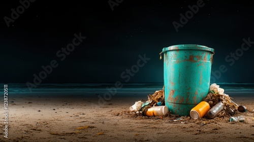 This image shows a trash bin surrounded by litter on a deserted beach, capturing the essence of environmental concerns and the effects of human activity on natural landscapes. photo