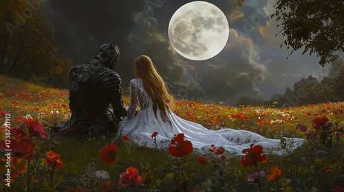 
A princess with long golden hair in a white lace dress sits in a field of vibrant red and golden flowers beside a knight in dark armor, under a full moon eclipse.