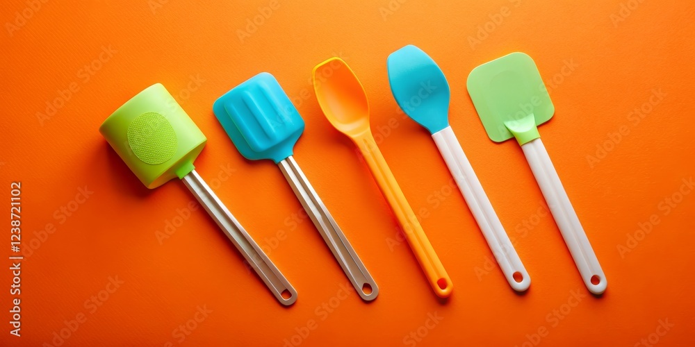 Five Colorful Spatulas and a Ladle on a Vibrant Orange Background Five Colorful Spatulas and a Ladle on a Vibrant Orange Background