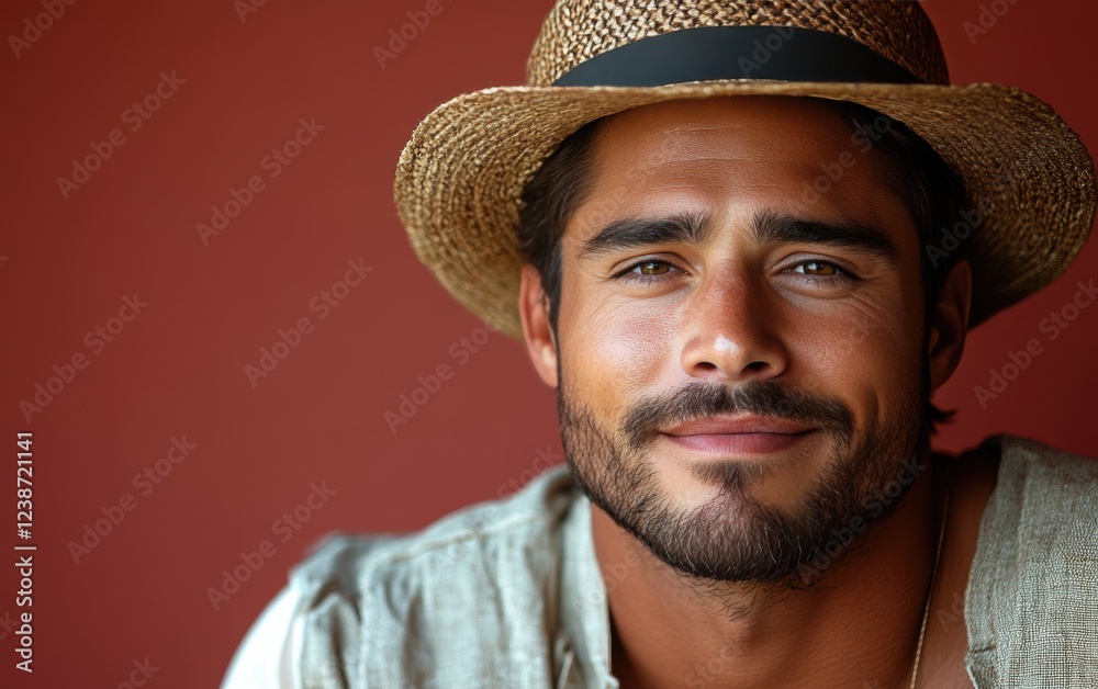 A man wearing a straw hat is smiling and looking at the camera A man wearing a straw hat is smiling and looking at the camera